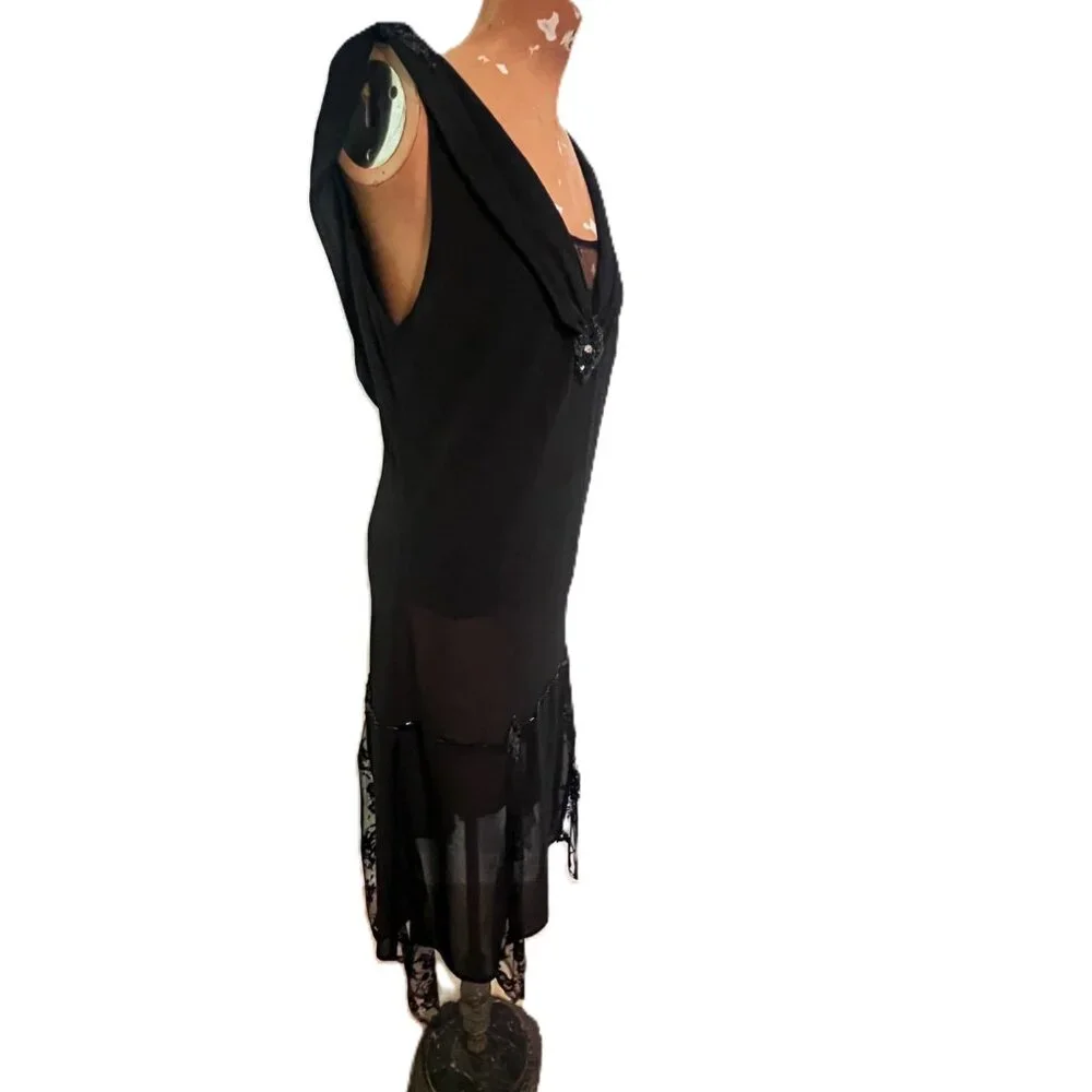 Unique Vintage Flapper Style Dress 2X Black Beaded Sleeveless Lace Sequins Jewel - Picture 10 of 14